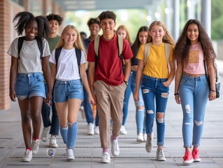 A diverse group of smiling teenagers walks together, symbolizing friendship and unity