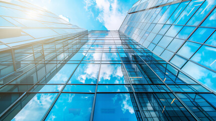 Modern office building with blue sky, and glass facades. Economy, finances, business activity concept