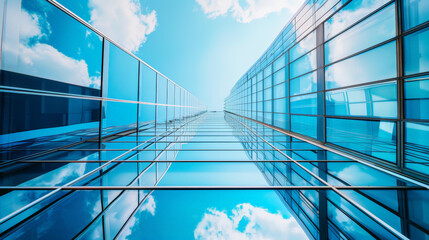 Fototapeta na wymiar Modern office building with blue sky, and glass facades. Economy, finances, business activity concept