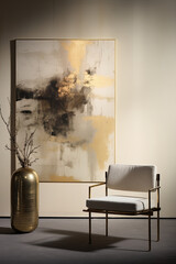 A modern interior with a large picture in a narrow golden frame on a light beige wall, dry tree branches in a large golden vase, a metal chair with a light seat, and a back on a gray floor.Art gallery