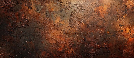 This close-up view showcases a metal surface covered in rust, revealing the textures caused by oxidation over time. The rust spots and streaks dominate the frame, highlighting the deteriorating state - obrazy, fototapety, plakaty