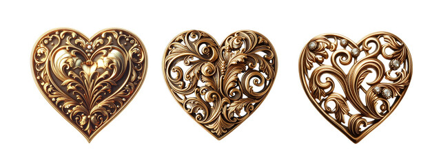 Love brooch made of gold with intricate design isolate on white  3 set PNG