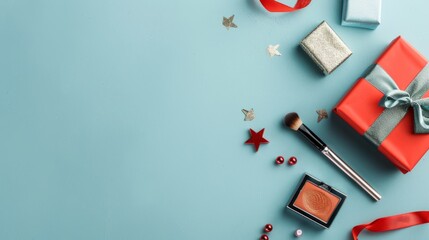 makeup cosmetics and a gift box on a light blue background