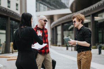 Entrepreneurs engage in a serious discussion outside a modern office building, collaborating on business strategies.