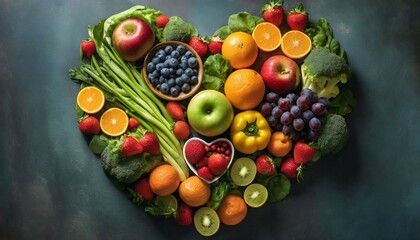 Colorful and healthy fruits and vegetables in the shape of a heart