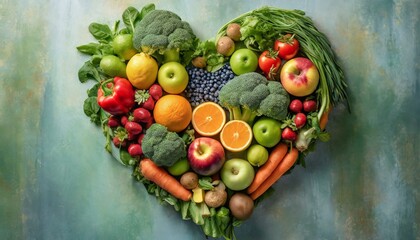Colorful and healthy fruits and vegetables in the shape of a heart