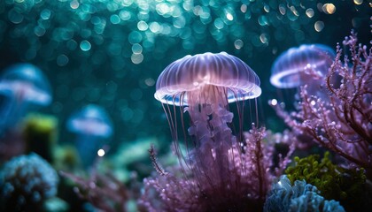 Close up beautiful jellyfish in the ocean bokeh effect