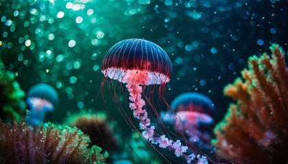 Obraz na płótnie Canvas Close up beautiful jellyfish in the ocean bokeh effect