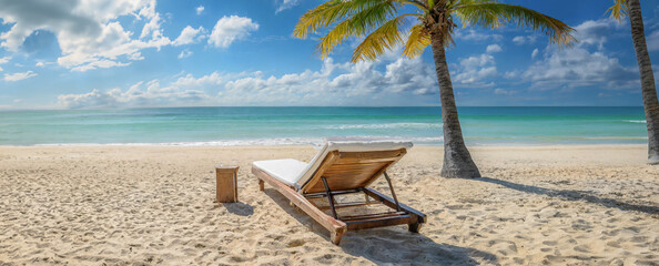 Chaise longue sur une plage déserte tropicale sans personne avec un ciel bleu.