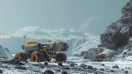 Exoplanet miner extracting rare elements rugged landscapes with high tech tools - obrazy, fototapety, plakaty