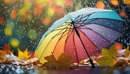 Colorful umbrella and autumn leaves with raindrops and blurred background 