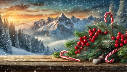Christmas background with mistletoe, red berries and candy canes