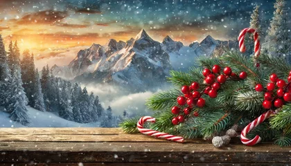 Deurstickers Christmas background with mistletoe, red berries and candy canes © Ricardo
