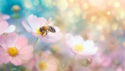 Close up bee on a flower, spring background - obrazy, fototapety, plakaty