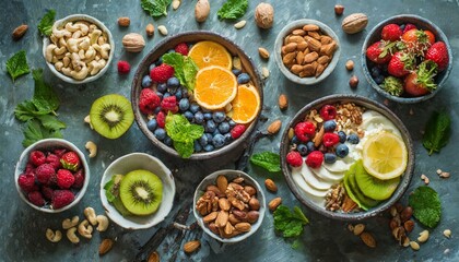 Bowls with healthy food, fruits and dried fruits top view - obrazy, fototapety, plakaty