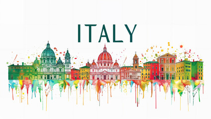 illustrative travel background to Italy featuring a blend iconic Italian architecture, isolated on a white backdrop, accompanied by the text "ITALY."