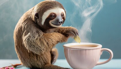 miniature toy sloth drinking steaming tea from a mug
