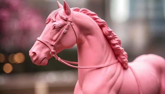 Matte pink horse statue with 50mm lens and blurred bokeh background
