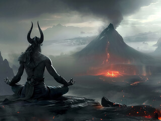 Dark lord meditating on power and strategy in a volcanos shadow blending menace with calm - obrazy, fototapety, plakaty