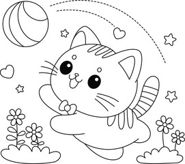 Coloring page of cute cats is playing with ball Graphic elements for kids Cartoon hand drawn style