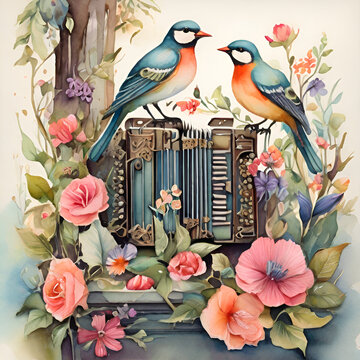 Watercolor accordion illustration, generative ai