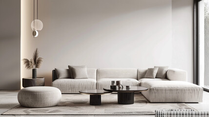 Fototapeta na wymiar Wicker Chandelier Above Wooden Scandinavian Sofa with Cozy Ambiance.