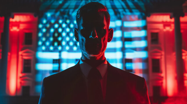 Corrupt Politician manipulating elections with deepfake technology wielding power from the shadows