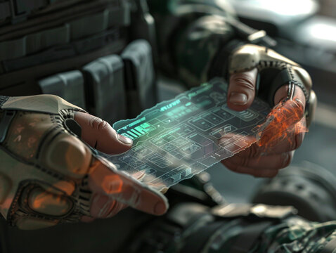 Combat medic applying a high tech healing patch on a wound bio scan overlay showing recovery stats