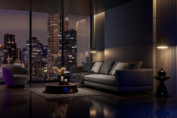 Night scene, Modern style luxury black living room with city view 3d render, There are black terrazzo floor decorated wall with hidden light, furnished with black fabric sofa - obrazy, fototapety, plakaty