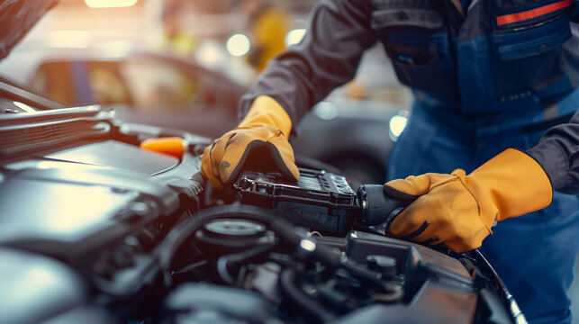 Automotive technicians close up installing a hyper efficient battery into a sleek electric vehicle
