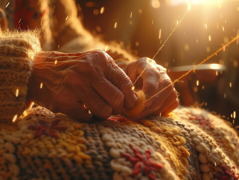 Artisans hands skillfully knitting against a backdrop of warm natural light showcasing creativity and craft
