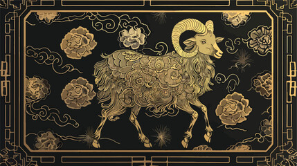 Original drawing of gold goat on black pattern backgro