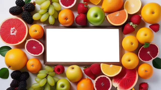 Wooden frame devoid of content, showcasing a medley of fruits and berries. Conveying the idea of a healthy food choice, with space for custom text. PNG. Premium mockup design.

