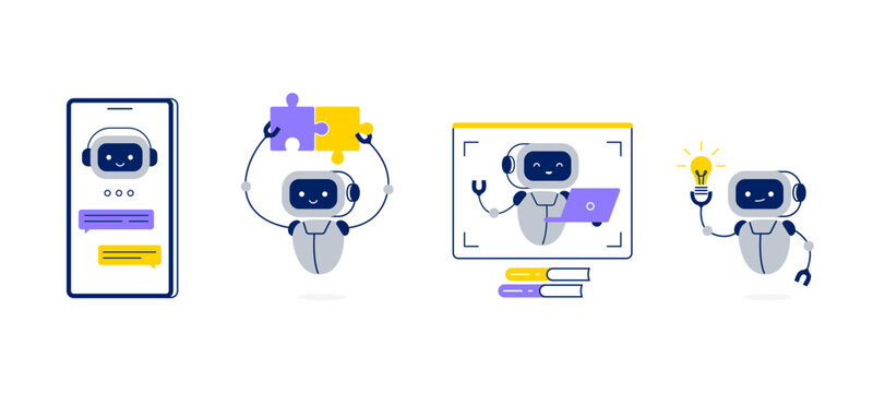 Chatbot or AI assistant in different tasks. Robot helps to find solutions, answers, and ideas. Vector flat illustrations isolated on a white background.