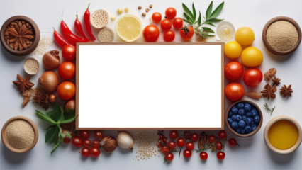 Wooden empty, empty frame, various vegetables and greens. Healthy eating concept, copy space. PNG. Premium layout or mockup