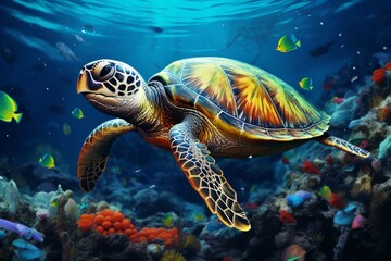 Fototapeta premium Beautiful close portrait of a turtle swimming in clear water in the ocean or sea