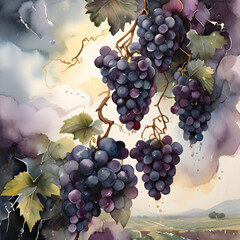 Watercolor grapes illustration, generative ai