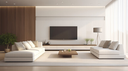 Fototapeta na wymiar Modern Home Interior Featuring a White Sofa Set and Wooden Television Panel