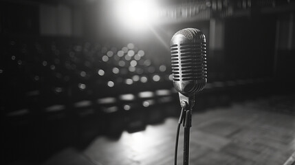 A vintage microphone on an old wooden stage