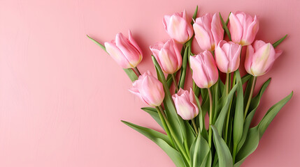 Delicate pink tulips arranged elegantly on a soft pink backdrop, forming a lovely bouquet suitable for celebrations such as birthdays or Women's Day, offering a charming flat lay view with room