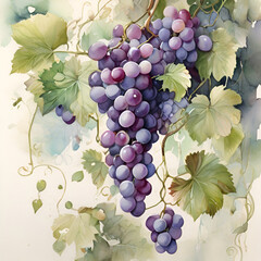 Watercolor grapes illustration, generative ai