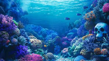 Fototapeta premium Skulls on the underwater with the colorful, Illustration