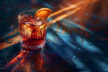 a whisky and cola cocktail on a rustic bar with orange wedge garnish