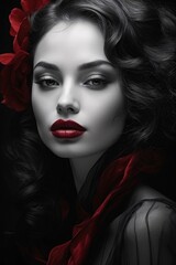 Fototapeta premium An alluringly intimate portrait of a woman's elegant features on black-and-white photograph. Her lips, painted a deep crimson, exude sensuality and mystery
