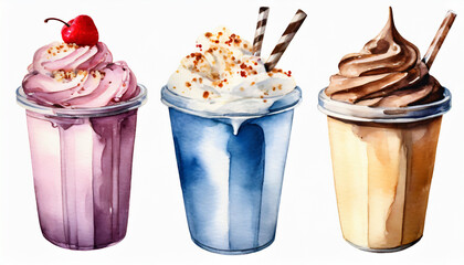 Watercolor illustration of glasses with different milkshakes. Tasty cold drink. Hand drawn art - obrazy, fototapety, plakaty