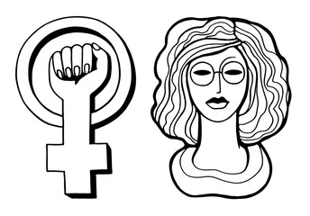 Woman portrait in doodle style and feminism sign. International Women's Day. Feminism concept design. Vector illustration for a card; poster; modern design.