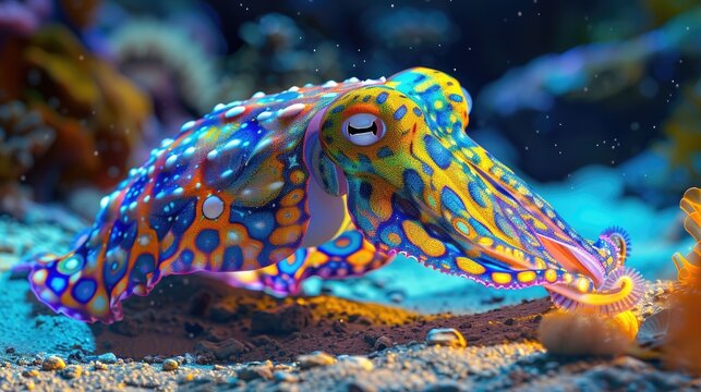 In a captivating underwater scene, an elegantly gliding colorful octopus adorned with bioluminescent patterns floats gracefully above a vibrant coral reef.