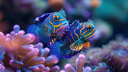 Among the vibrant corals of a serene reef ecosystem, vivid mandarin fish with striking patterns glide gracefully, their vibrant hues enhancing the beauty of the underwater environment.