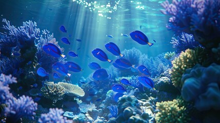 A school of serene blue tang fish navigate the tranquil, light-flooded waters of a thriving coral reef ecosystem.