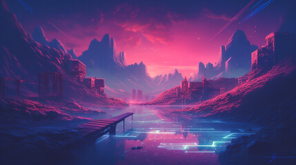 80s retro sync wave dystopia city background - Powered by Adobe